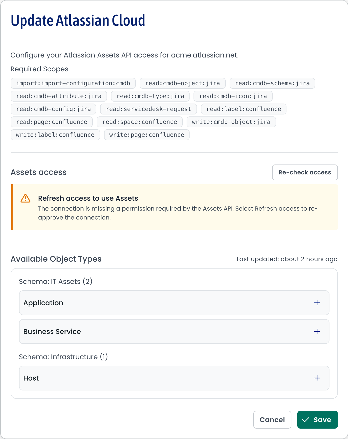 The Update Atlassian Cloud screen with an amber Refresh access to use Assets bar explaining that the connection is missing a permission required by the Assets API.
