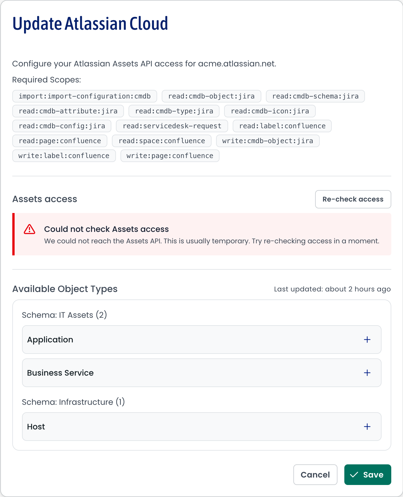 The Update Atlassian Cloud screen with a red Could not check Assets access bar explaining that the Assets API could not be reached and to try again.
