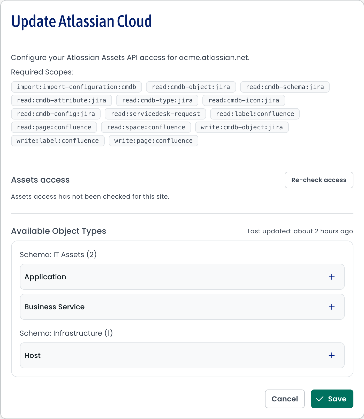 The Update Atlassian Cloud screen showing the line Assets access has not been checked for this site under the Assets access heading.