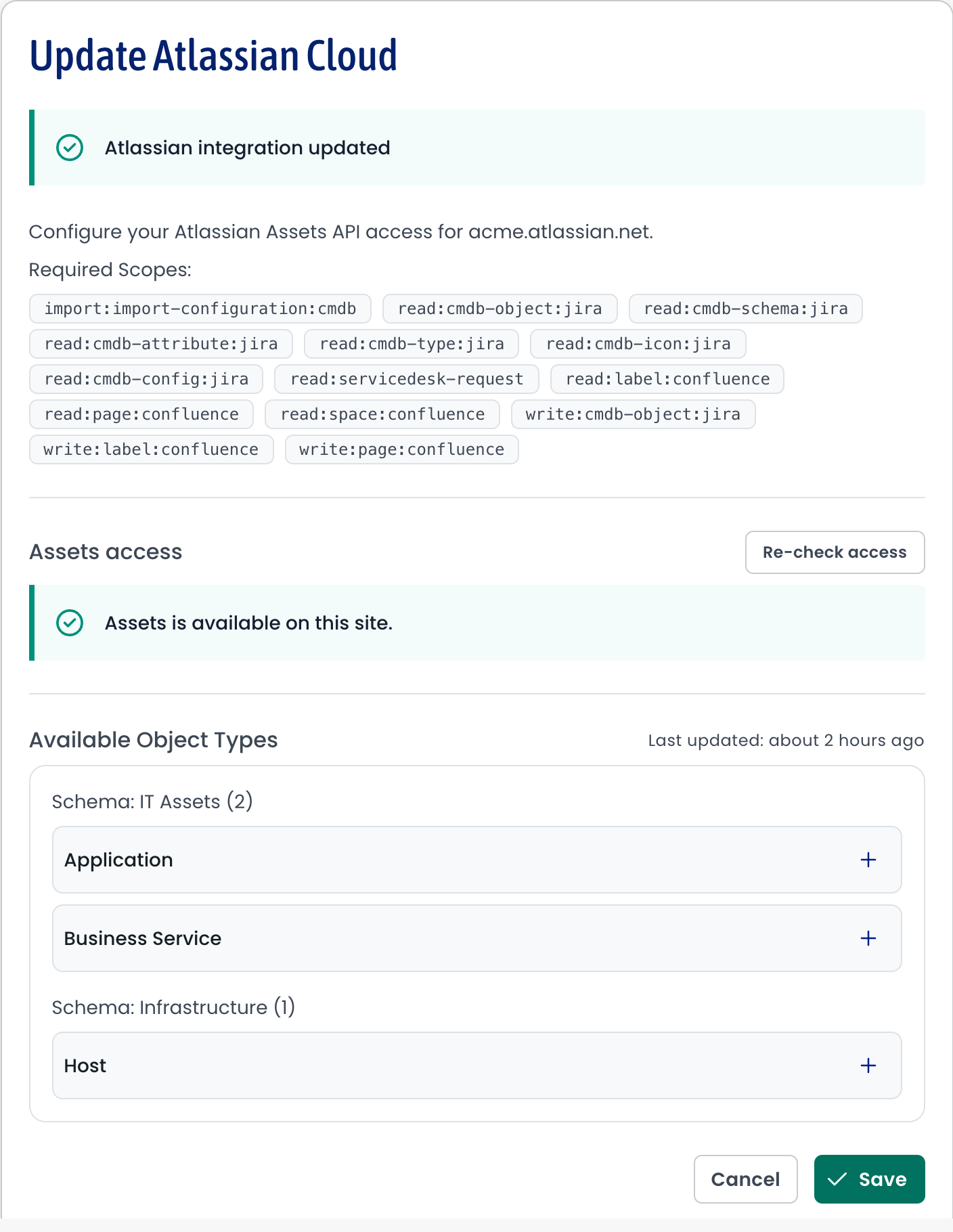 The Update Atlassian Cloud screen with a green Atlassian integration updated bar at the top of the card, above the Assets access section and Available Object Types list.