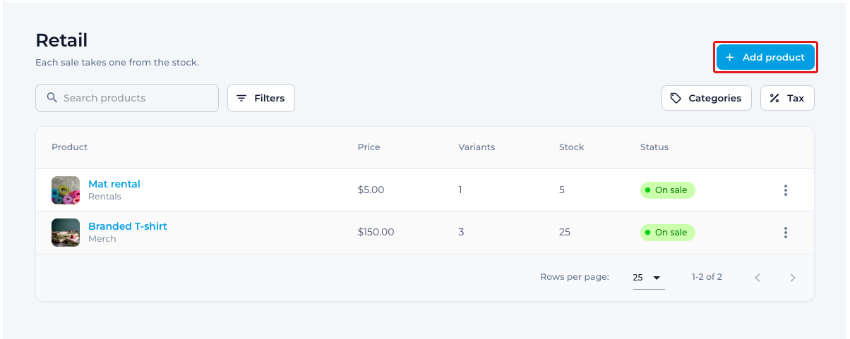 The Retail page with the list of products and the Add product button