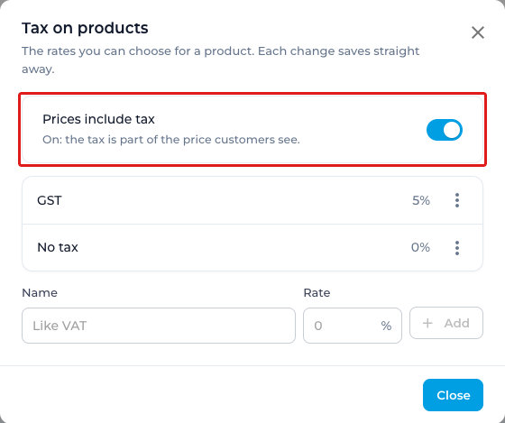 The Tax on products window with the Prices include tax switch and the studio's tax rates