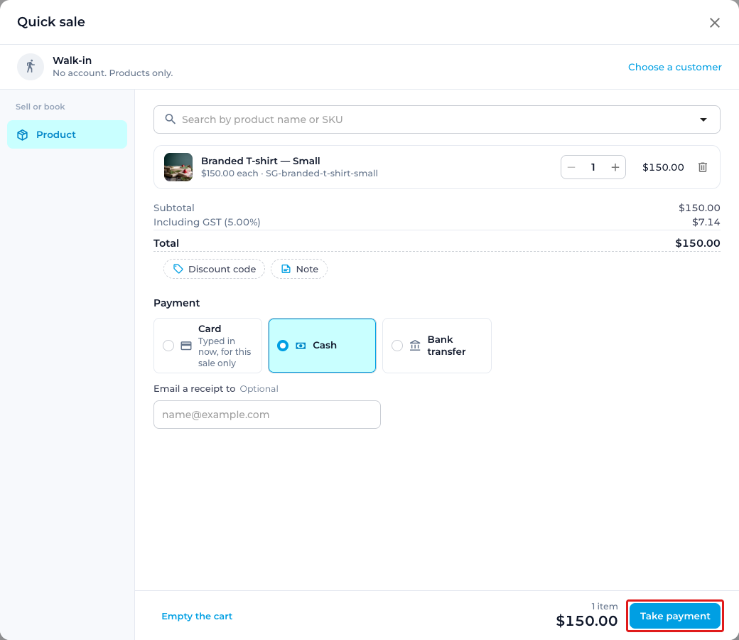 Quick sale for a walk-in with a T-shirt in the cart, Cash selected and the Take payment button