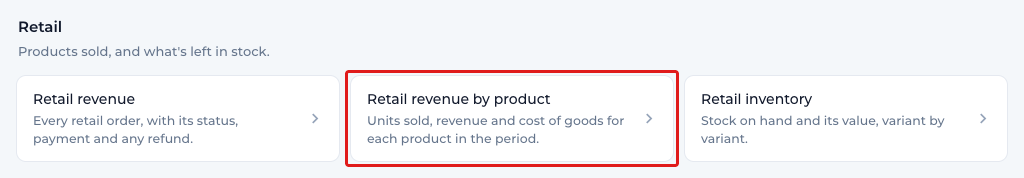 The Retail section of Reports with Retail revenue, Retail revenue by product and Retail inventory