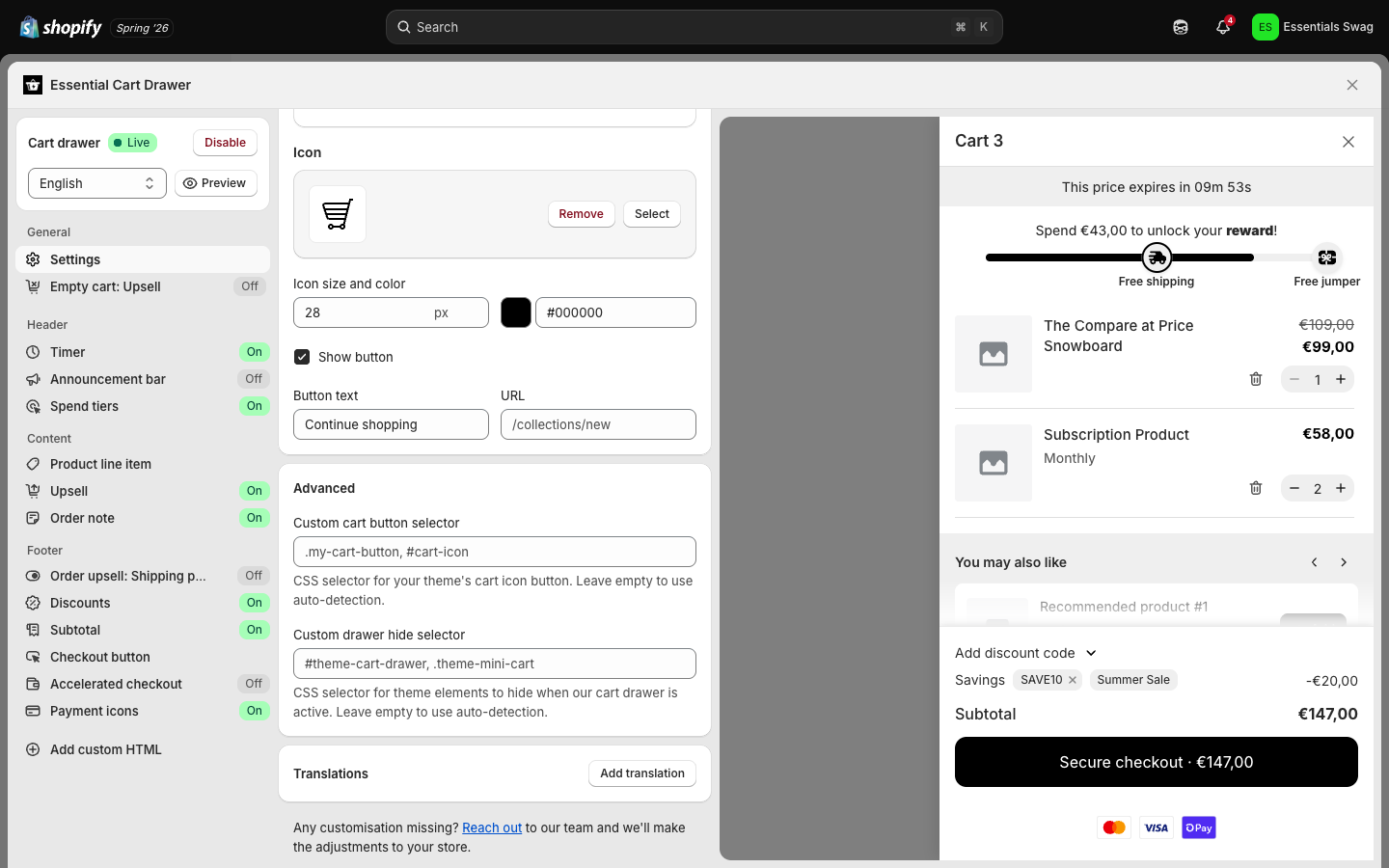 The Advanced section — custom cart button & drawer hide selectors
