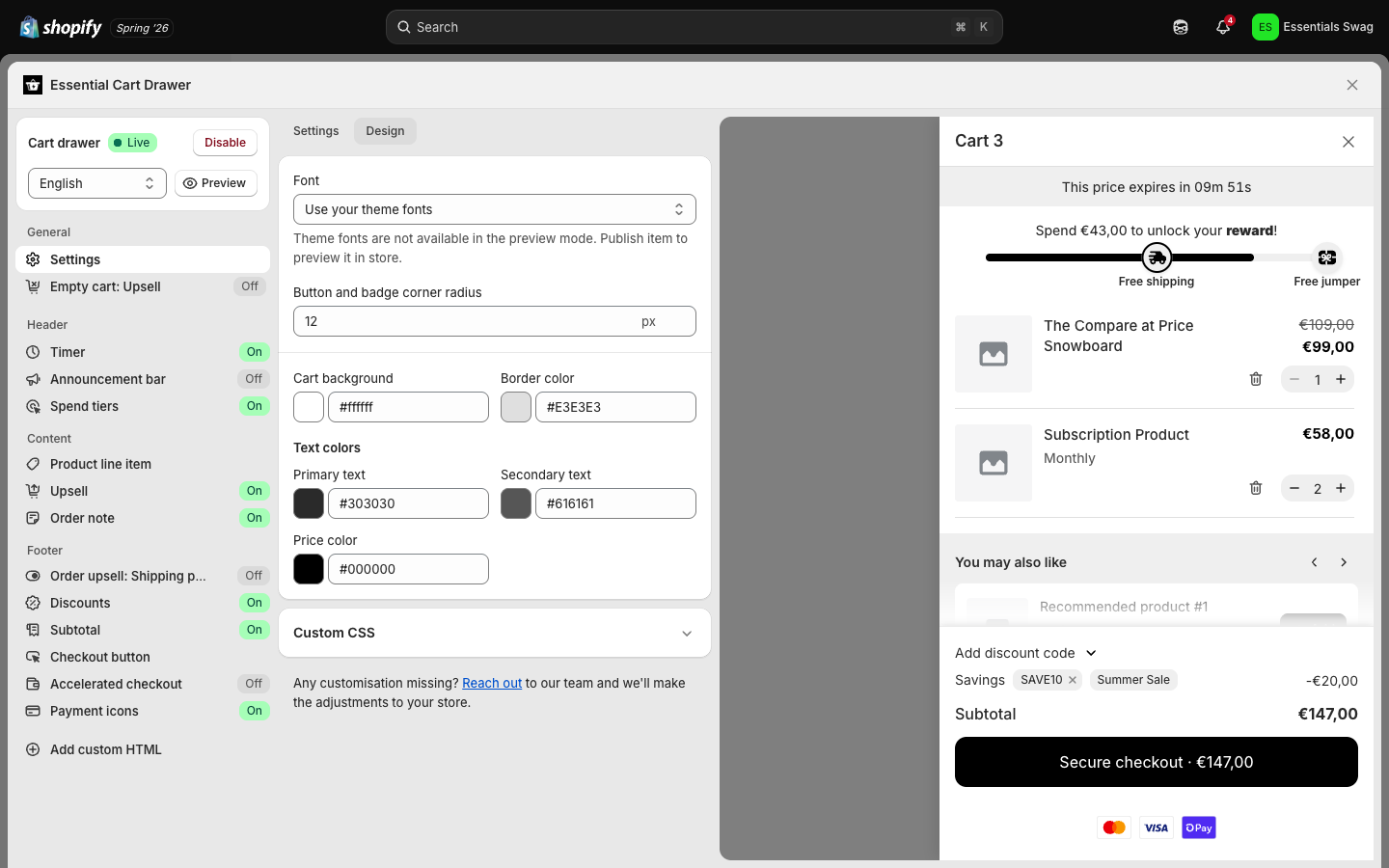 The Settings → Design sub-tab — fonts, colours, corner radius, custom CSS