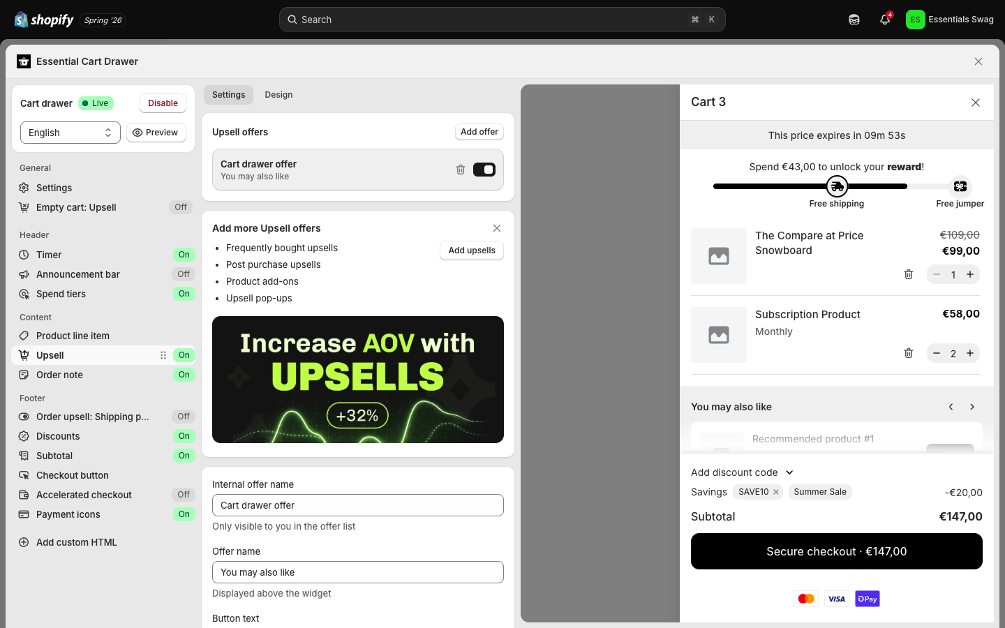 An upsell offer's settings