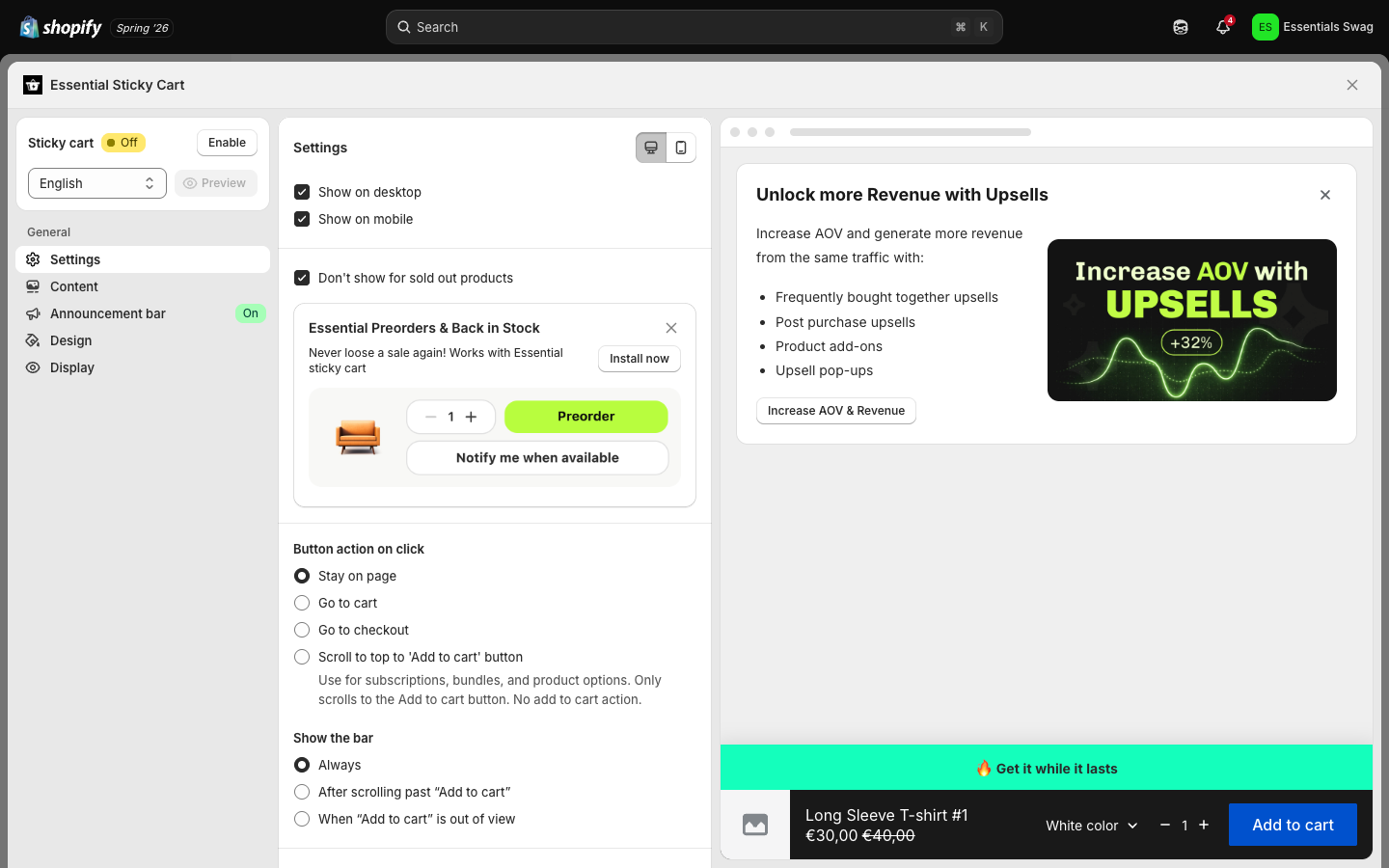 Sticky Add-to-Cart settings — visibility, button action, position