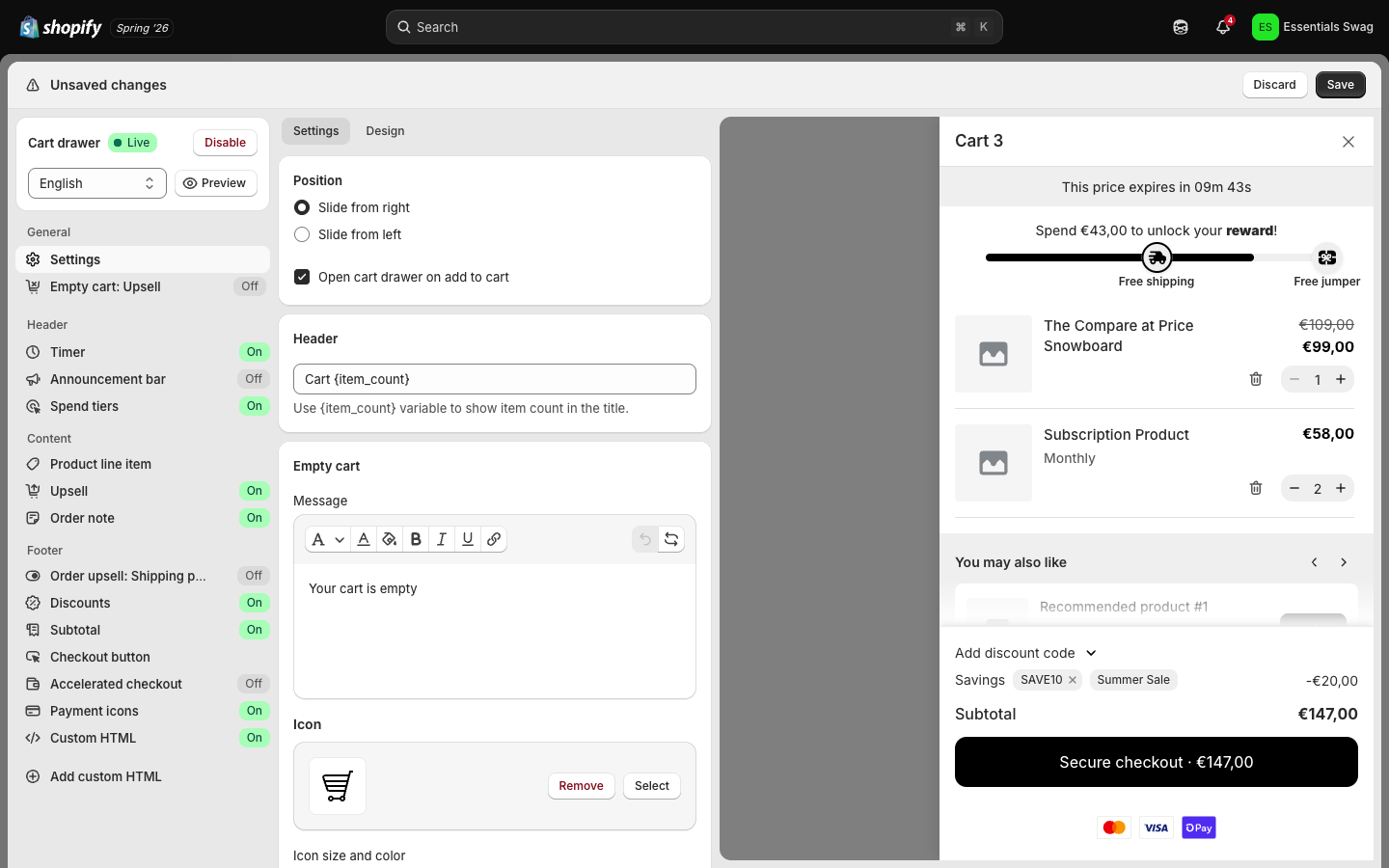 Empty-cart settings — message, icon, and button URL