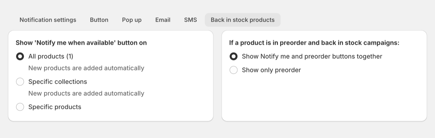 Back in stock products tab showing the overlap setting with both radio options