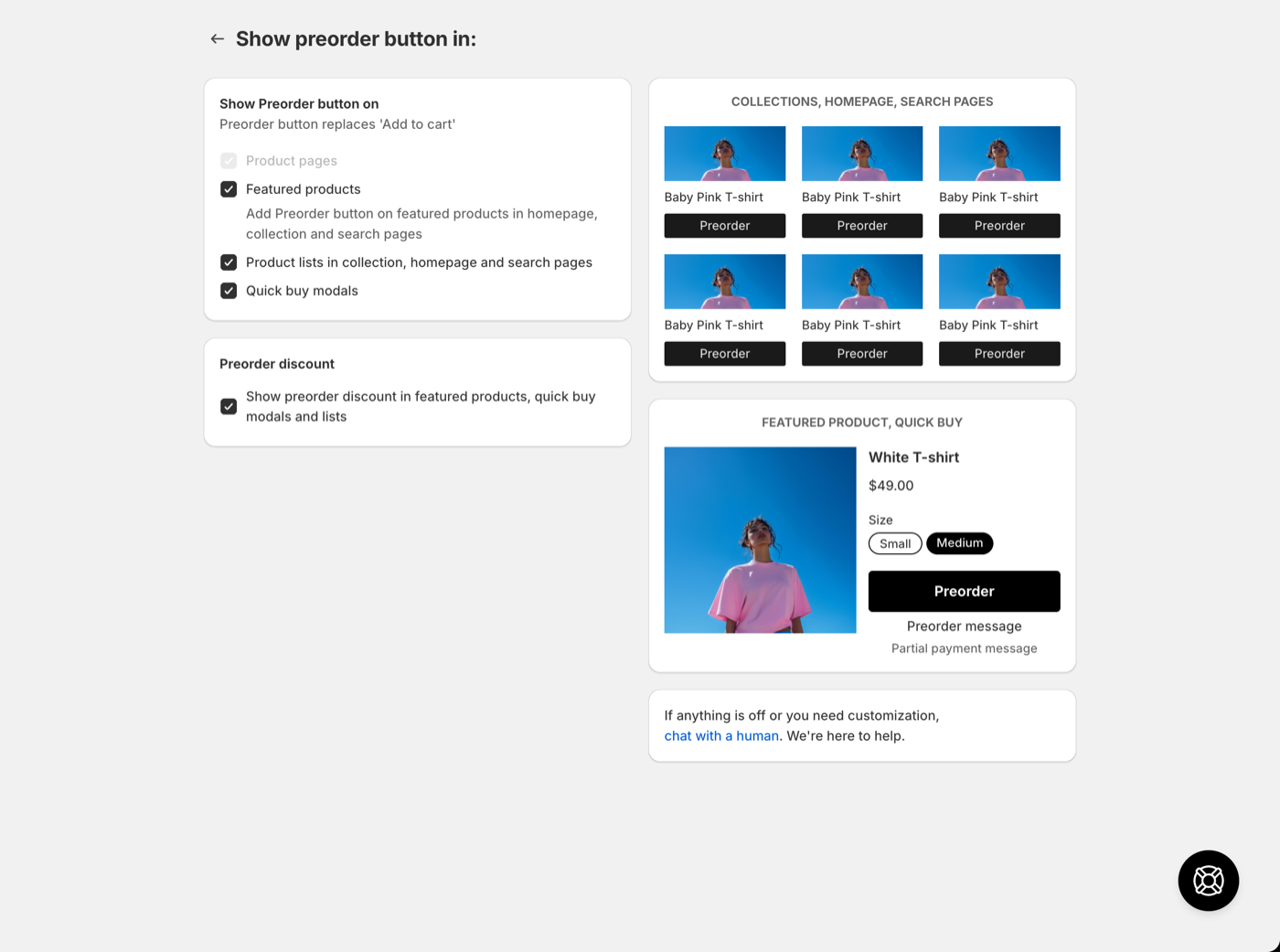 Display settings with Show preorder button on toggles and the Preview in store link