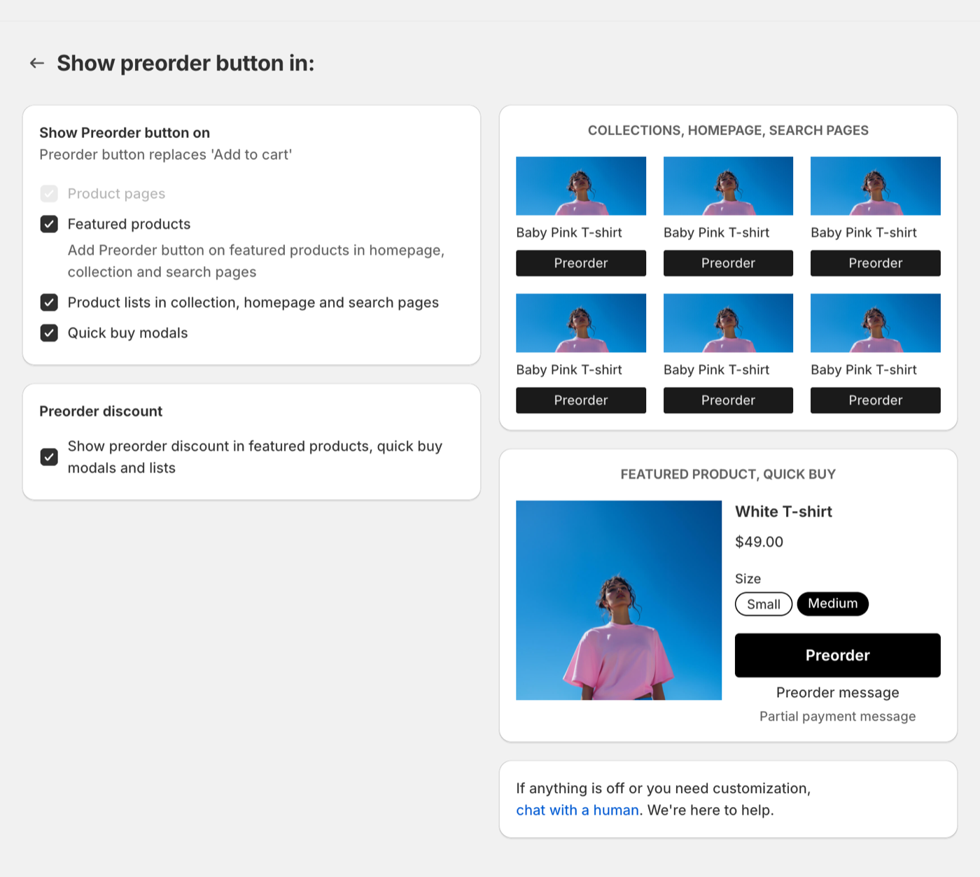 Preorder settings page showing 'Show preorder button in:' with all four placement toggles