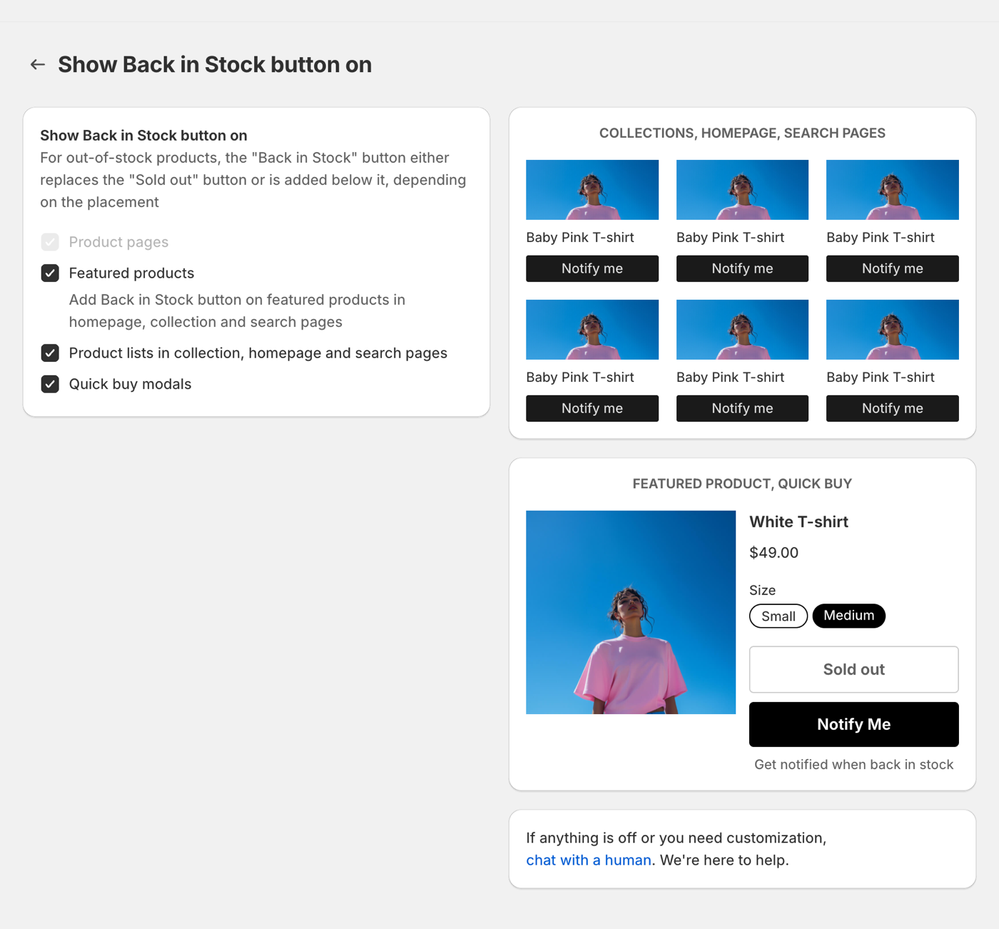 Back in Stock settings showing 'Show Back in Stock button on' with the Placements list