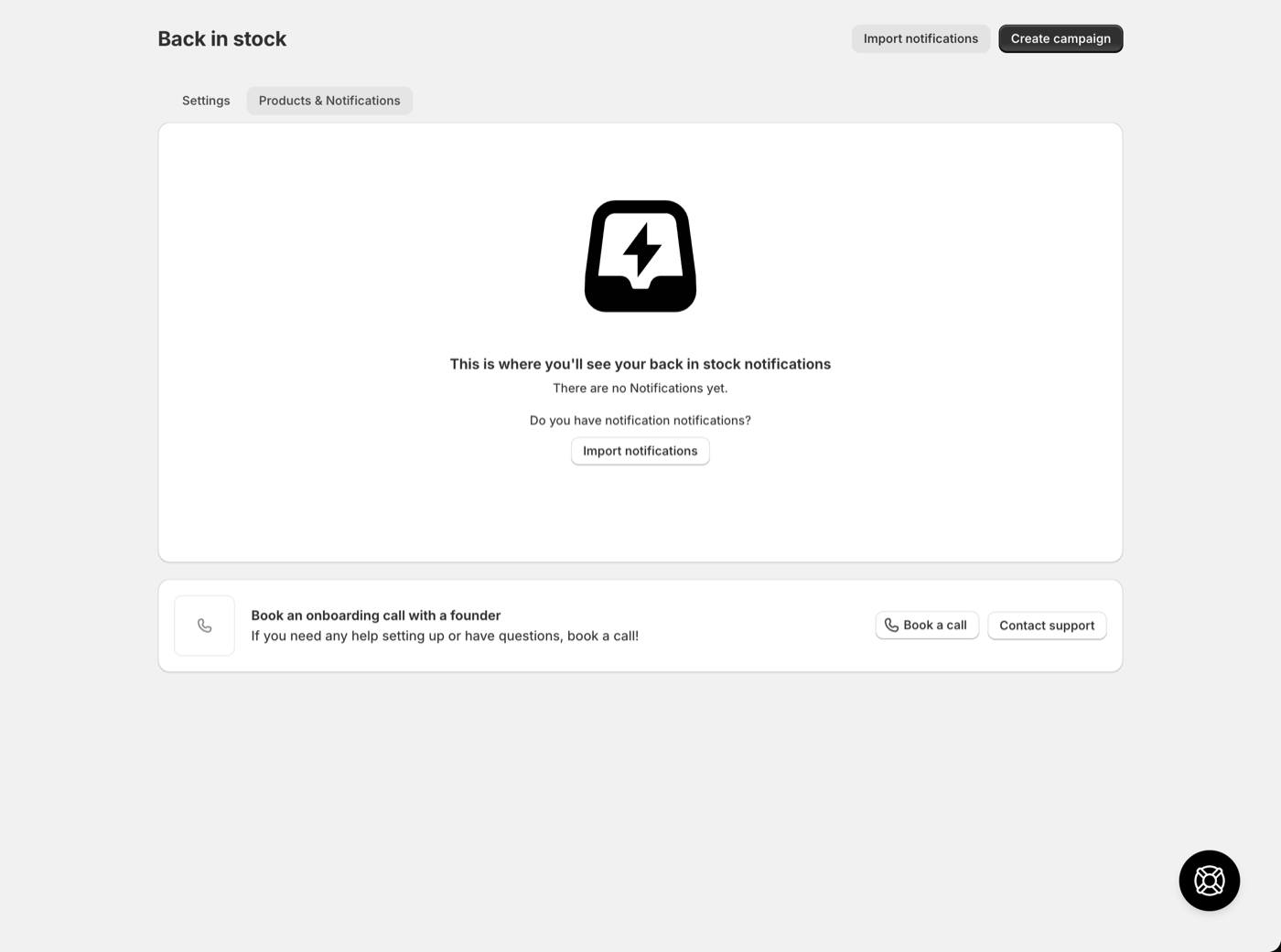 The Products & Notifications tab, where the export action lives once you have signups