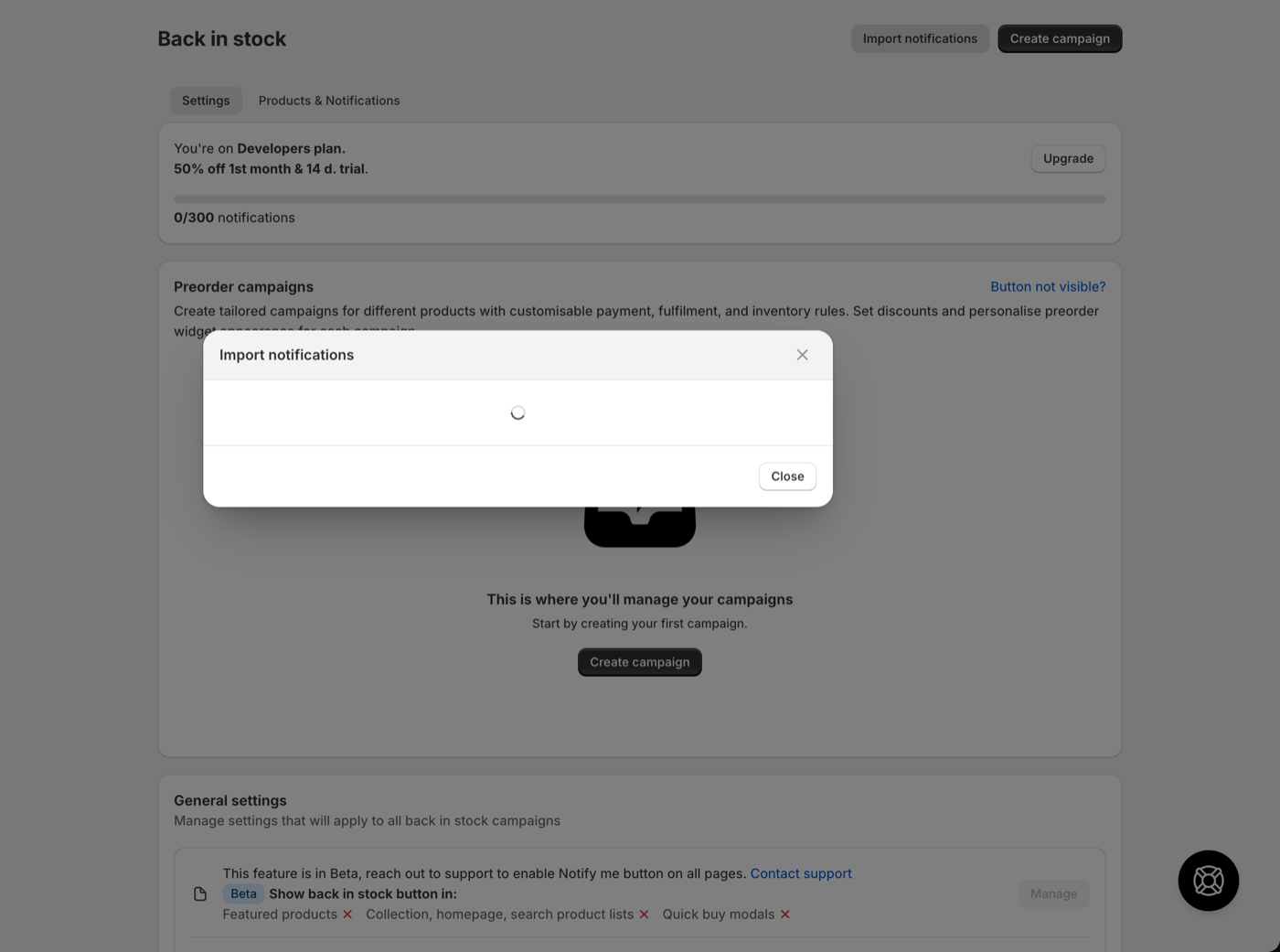 Import notifications modal with the Download CSV template button
