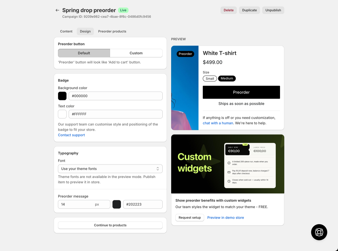 Design tab showing Button text field and background color options
