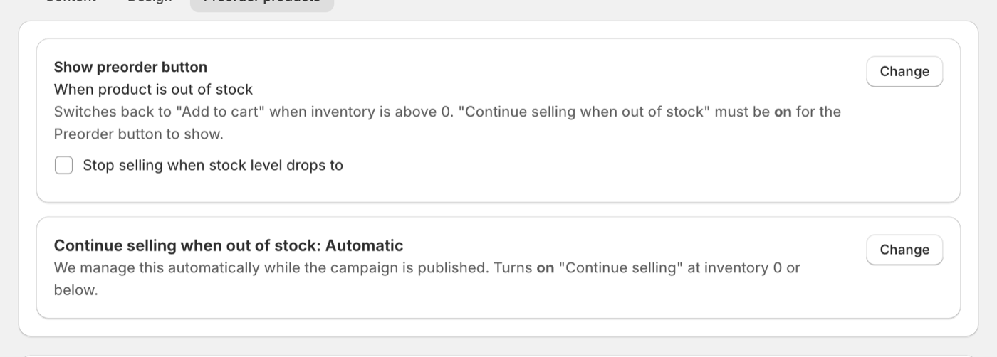 Preorder products tab showing the 'Stop selling when stock level drops to' checkbox and the negative-number field