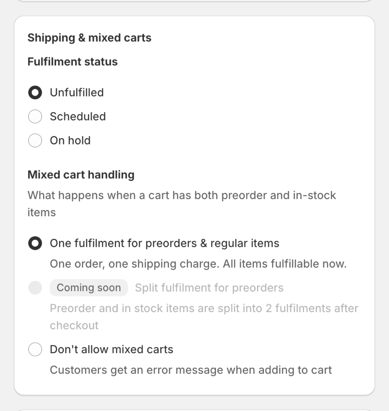 Campaign settings panel showing the 'Set fulfilment status for orders with preorder items' options