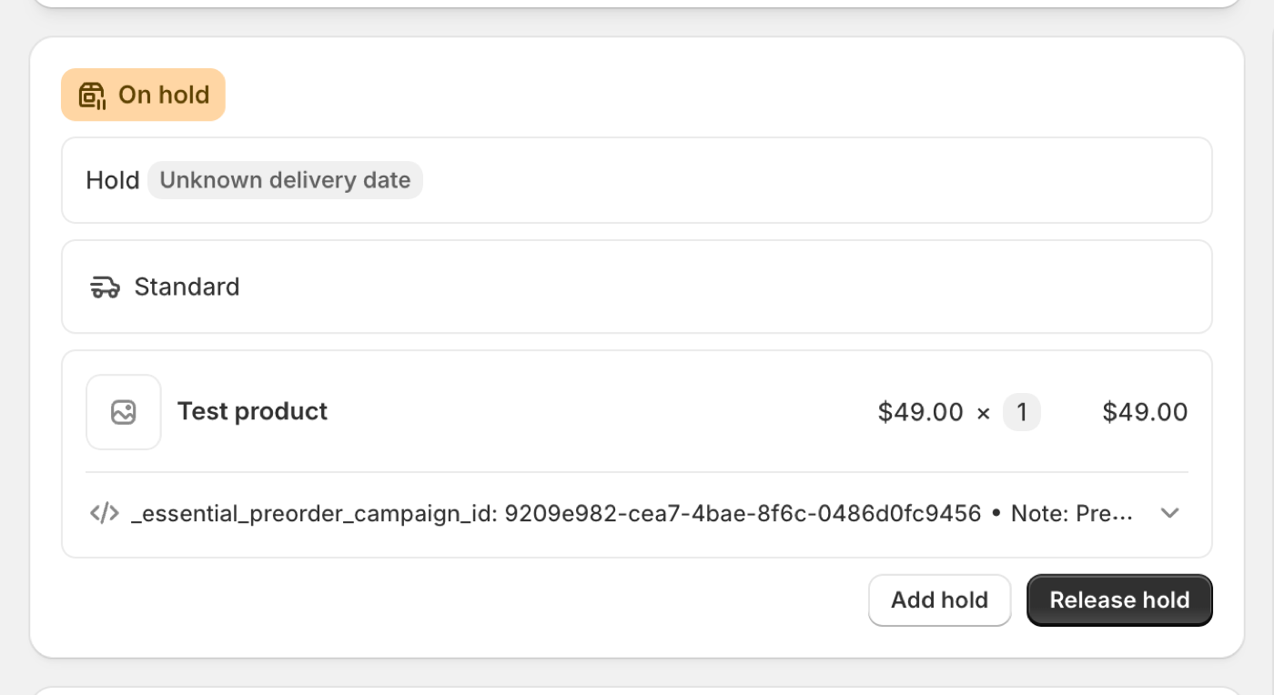 Shopify order page showing the On hold fulfilment badge and the Release hold button