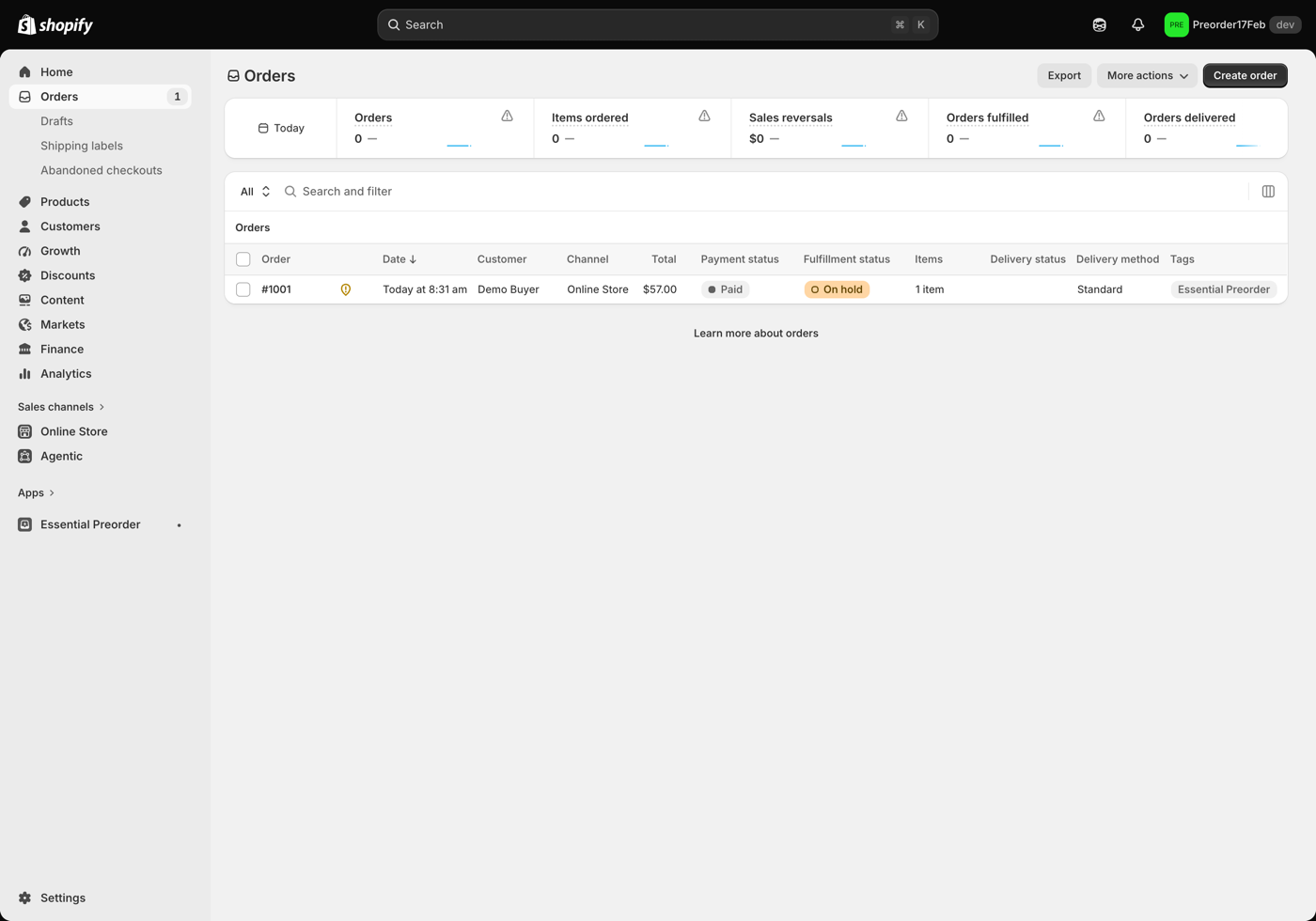 Shopify orders list filtered by a preorder order tag
