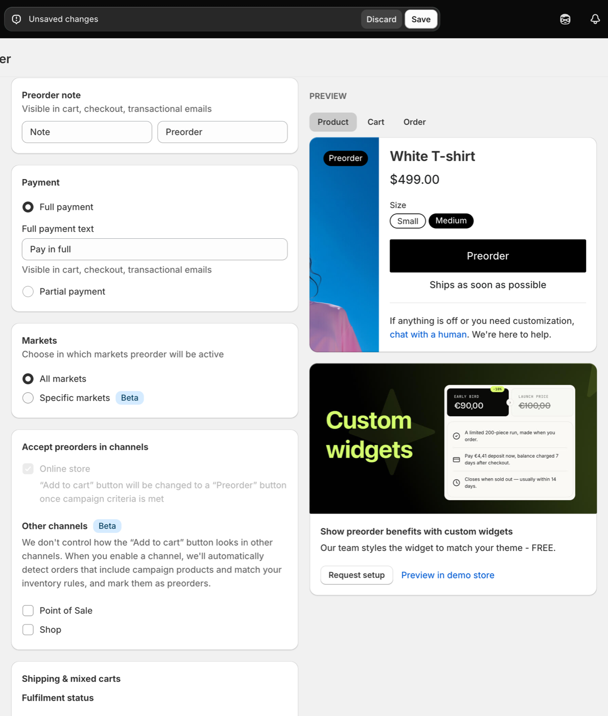 Don't allow mixed carts checkbox and error message field