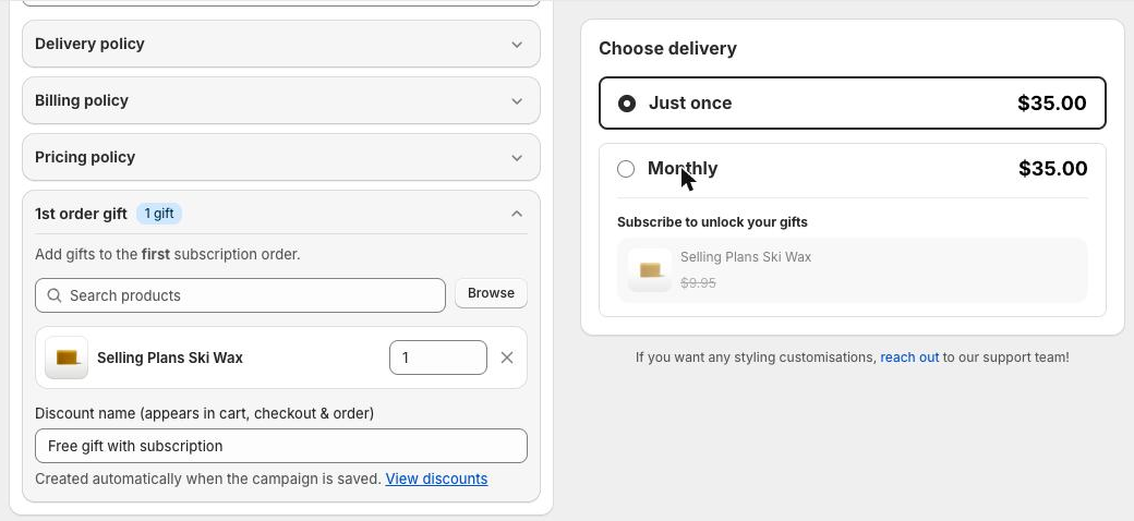 1st order gift section in a subscription plan, with the live preview
