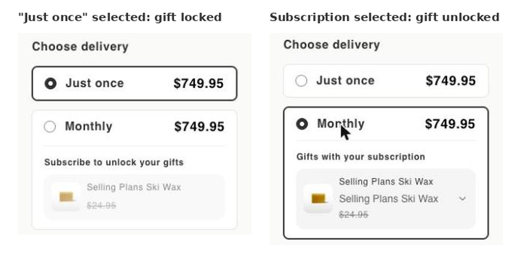 Gift locked and unlocked on the product page