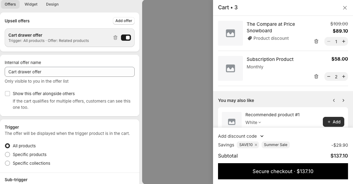 The Upsell section: Offers, Widget and Design tabs above the offer list