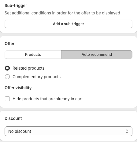 Sub-trigger, Offer and Discount cards on the Offers tab