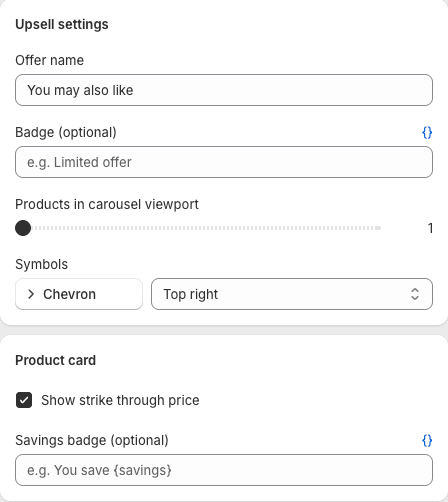Upsell settings and Product card on the Widget tab