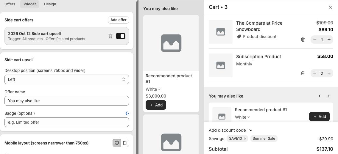 Side Cart Upsell on the Widget tab. The preview shows the column beside the cart