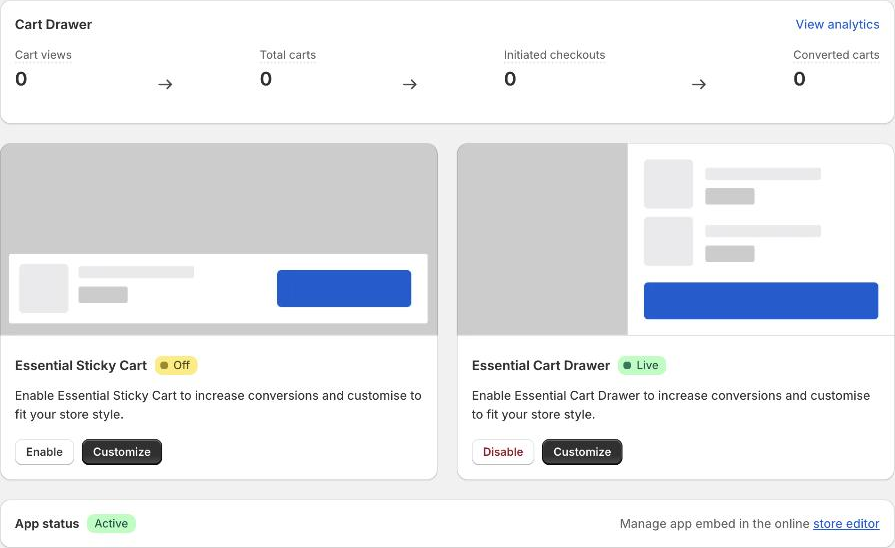 The app home page. Each card has its own Customize button and an Off or Live badge.