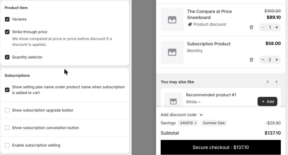 Product line item: variants, strike-through price, quantity selector and subscription options.