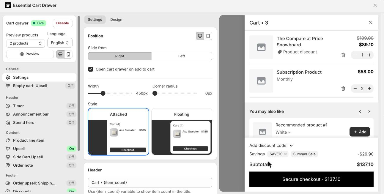 The editor: section menu on the left, settings in the middle, live preview on the right.