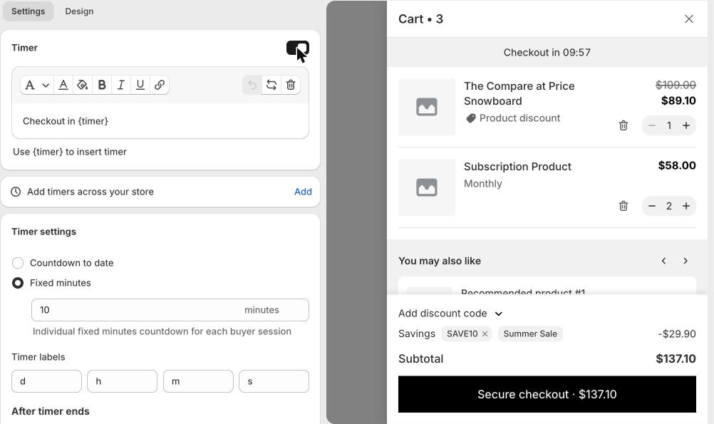 Timer settings with the countdown showing at the top of the preview.