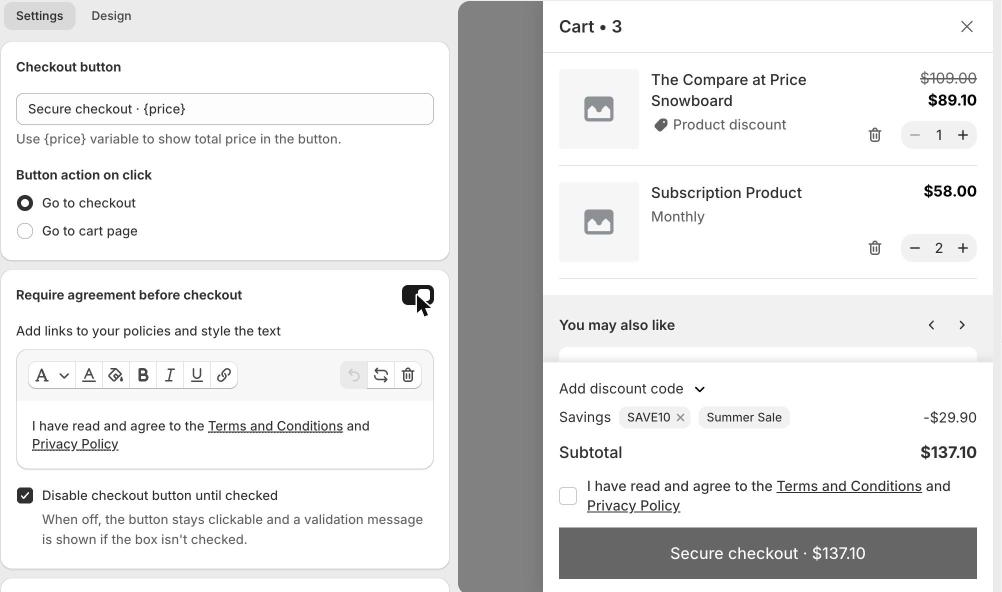 Require agreement before checkout, with the checkout button greyed out until the box is ticked.