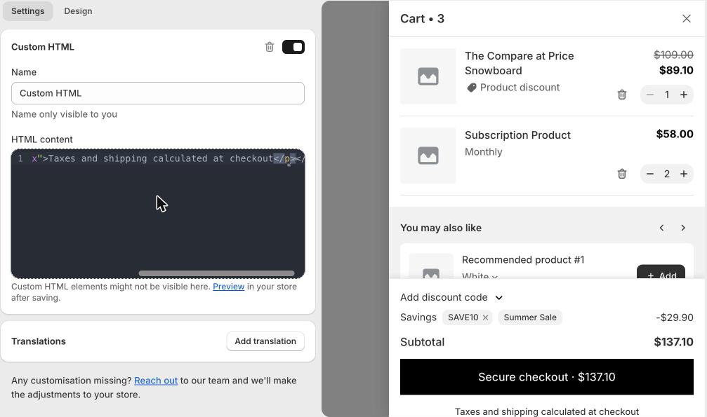 A Custom HTML block showing a line under the checkout button.