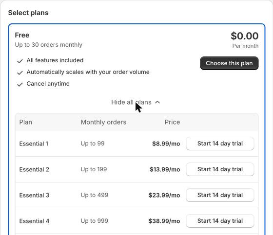 The Plans page. Free covers up to 30 orders a month.