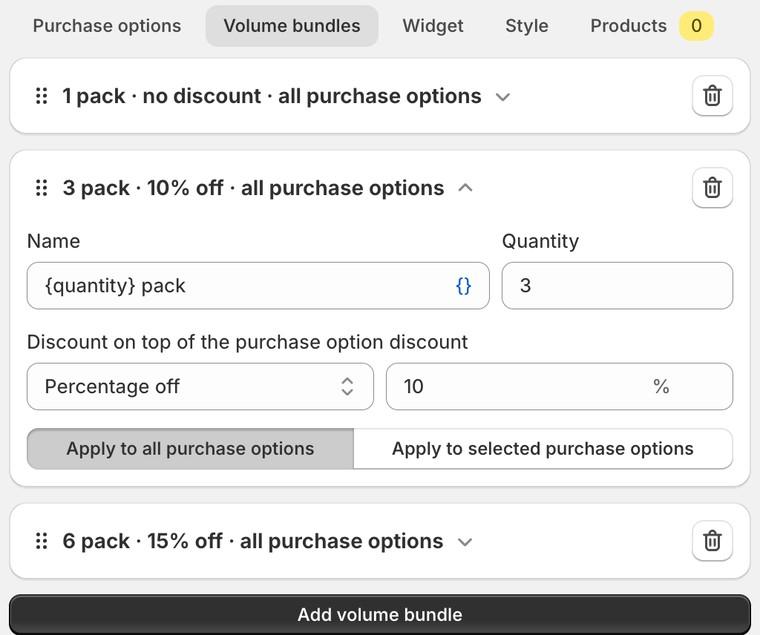 Volume bundles tab with two bundle cards, one open showing Name, Quantity, discount and Apply to all purchase options