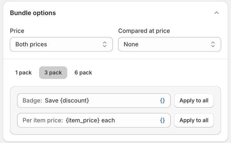 Widget tab, Bundle options card with Price, Compared at price, Badge and Per item price fields