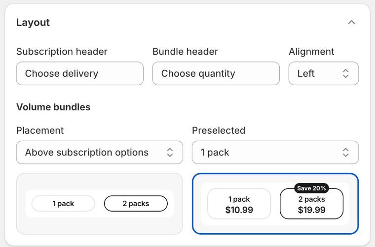 Widget tab, Layout card with Bundle header, Placement, Preselected and the Pills and Boxes with price thumbnails