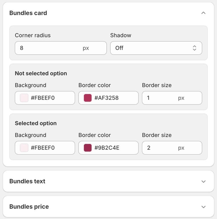 Style tab with the Bundles card, Bundles text and Bundles price cards