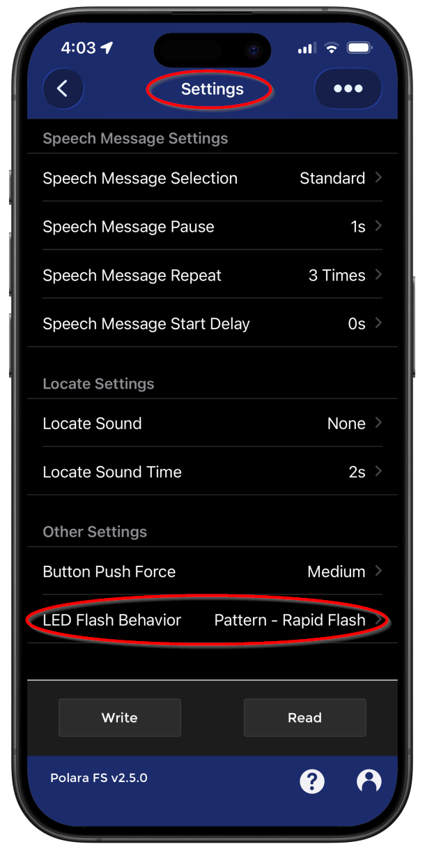 Polara FS App: Settings