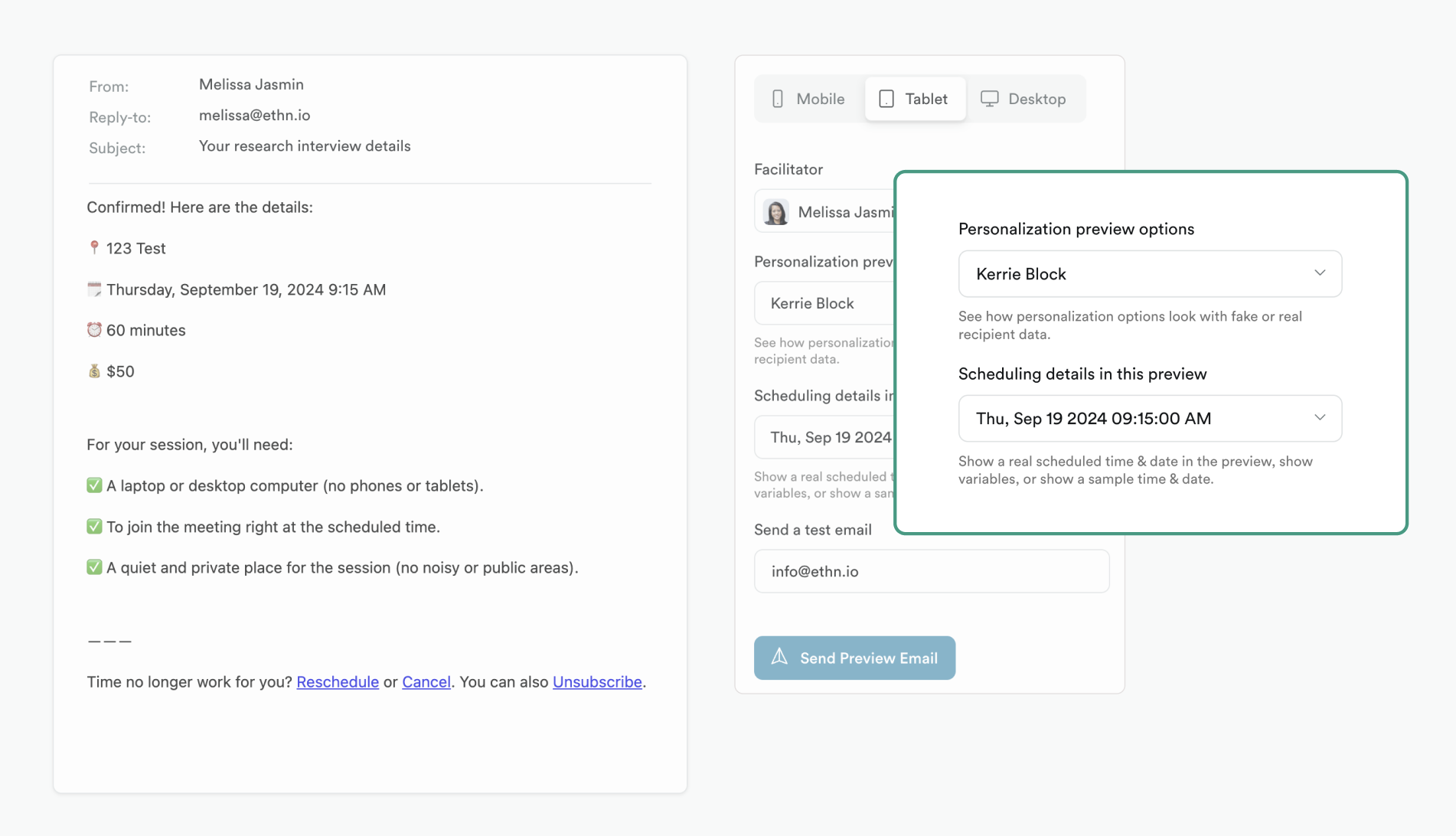 Previewing scheduling emails with personalization - Ethnio Help Center