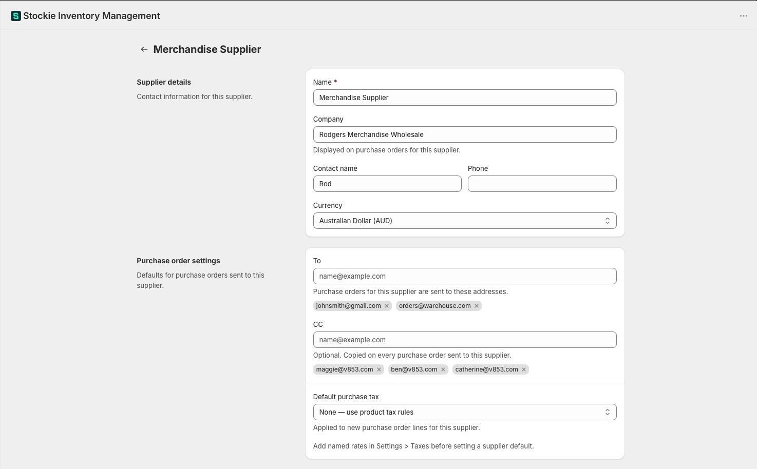 A supplier record showing the contact details and the reorder defaults