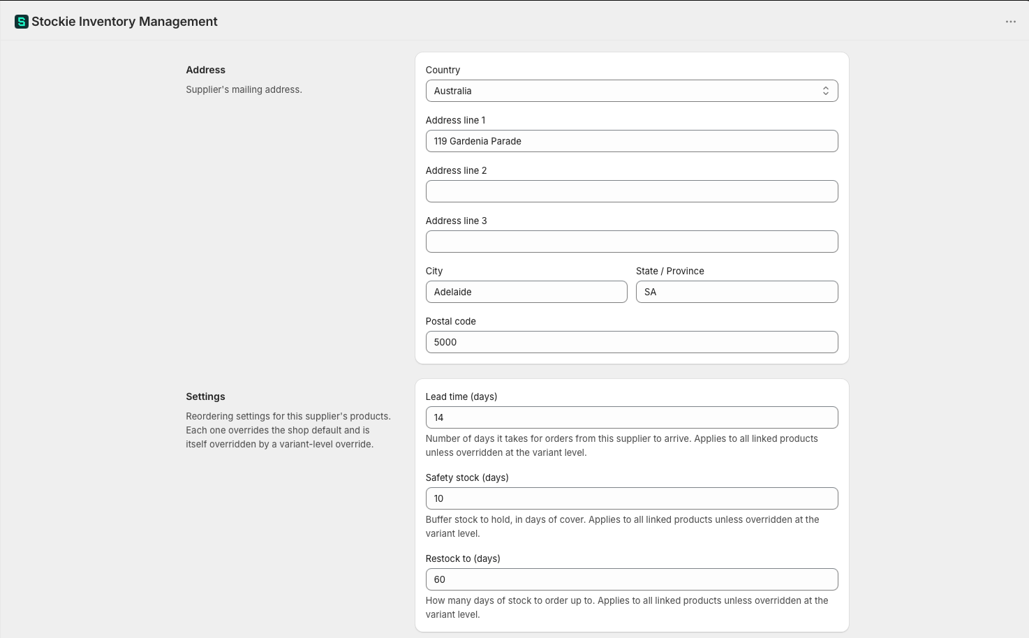 The supplier record's remaining fields