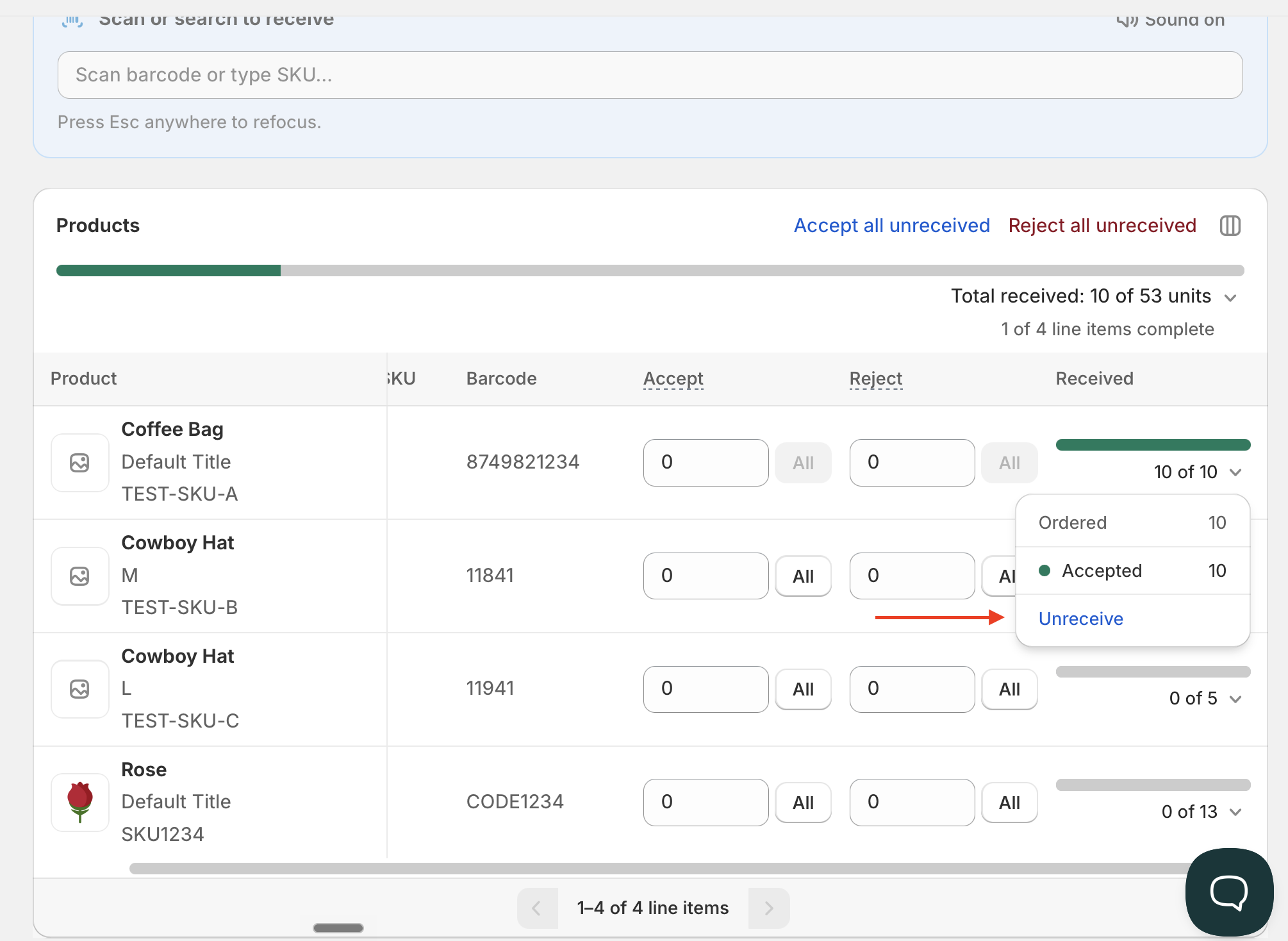 The received quantity opened on a line item, showing the Unreceive link