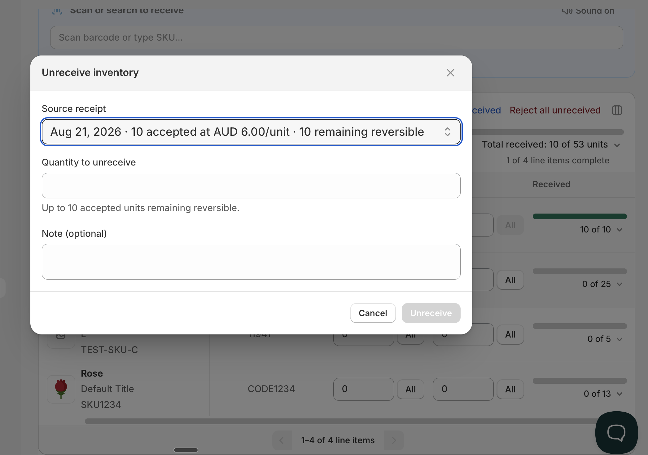 The Unreceive inventory window, with the source receipt and the accepted and rejected quantity fields