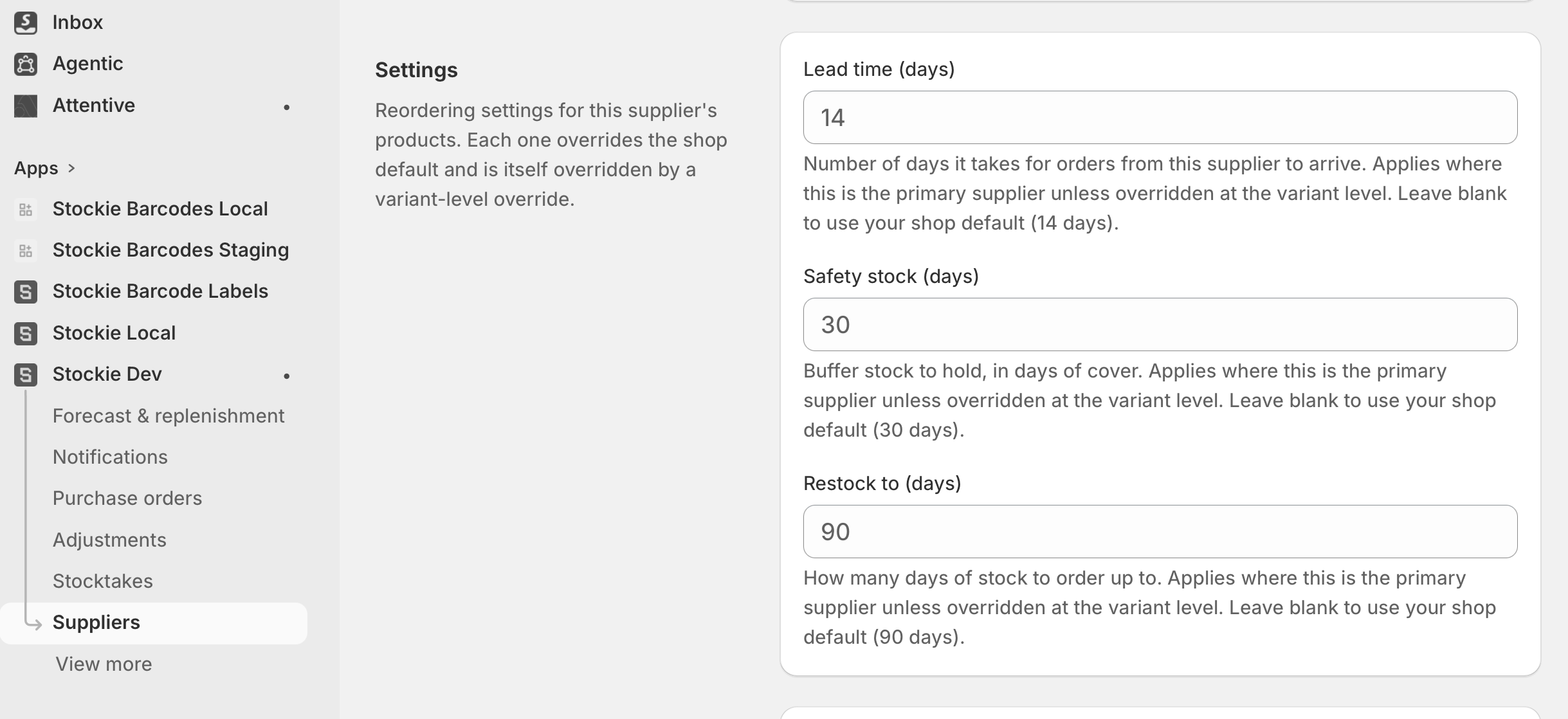 The reorder settings on a supplier record, showing lead time, safety stock and restock to