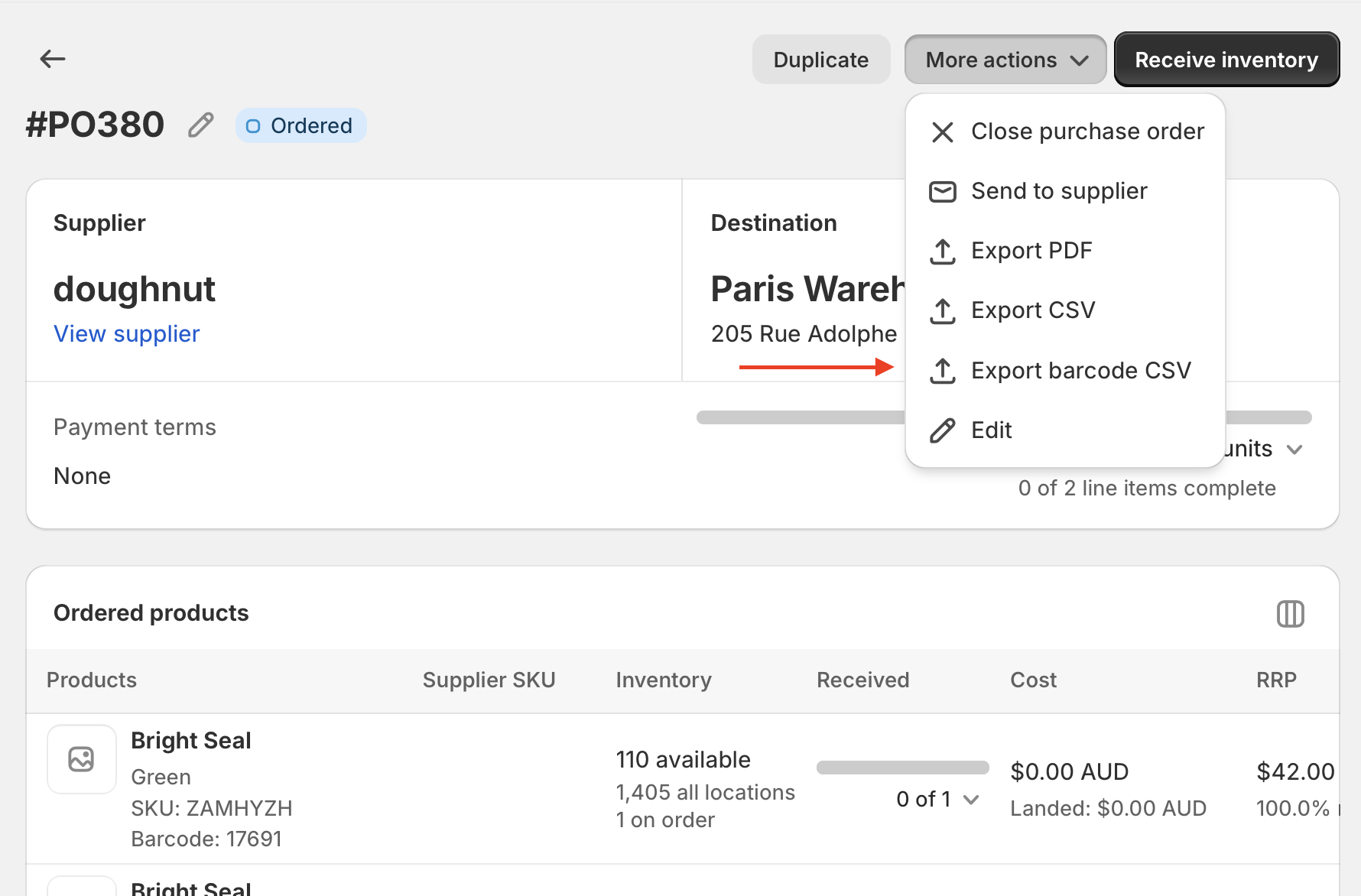 Export barcode CSV in the More actions menu